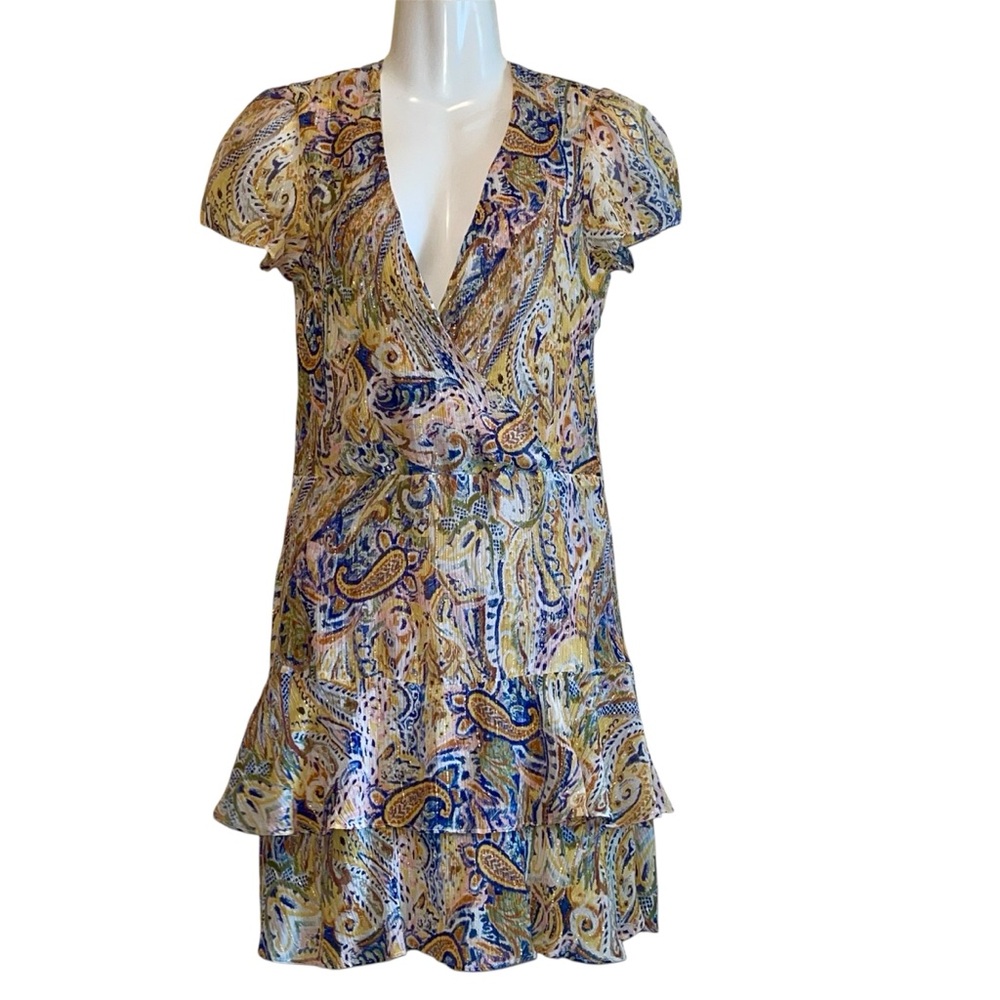 ZAPA PARIS DREES Blue and Brown Ruffled Mini Sundress with Plunge Neckline